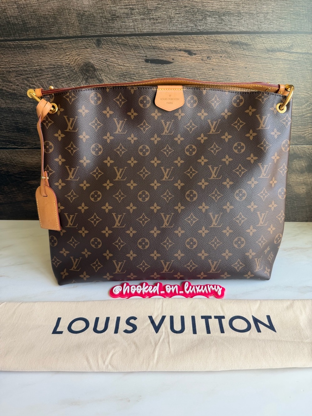 Authentic Louis Vuitton Graceful MM Monogram & Beige Canvas Shoulder Tote Purse